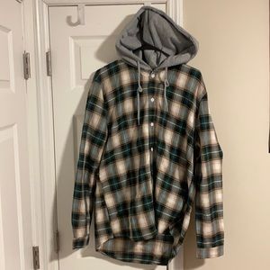 Hooded green and beige flannel.